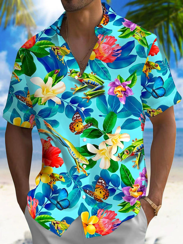Men's short sleeve Hawaiian shirt front view for tropical beach vacation