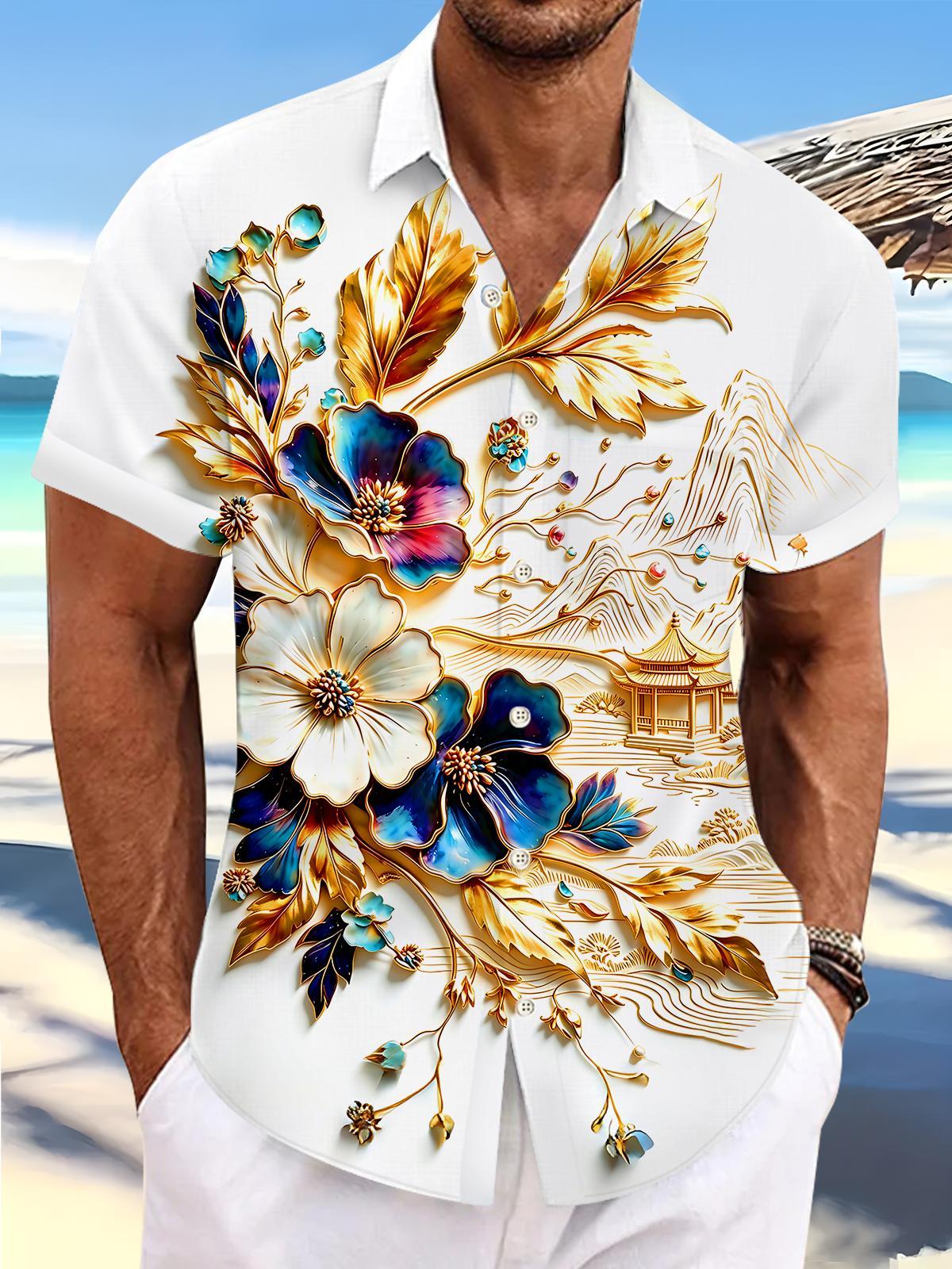 Art Gilded Landscape Flower Pavilion Relief Men's Pocket Short Sleeve Shirts