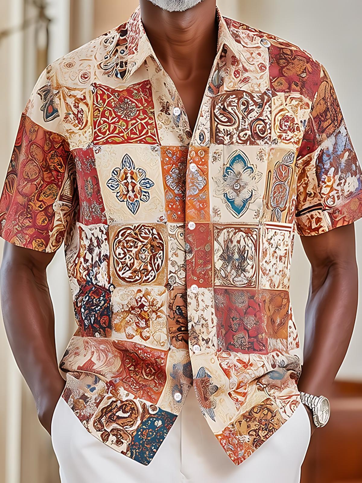 Vintage National Print Men's Pocket Short Sleeve Shirts
