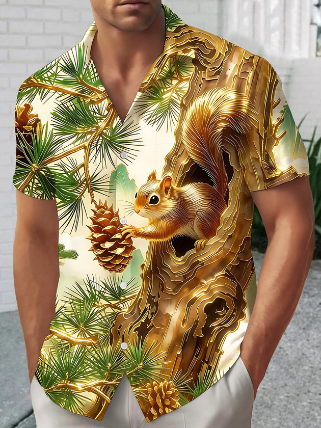 Art Gilded Pine Squirrel Mountain Landscape Men's Pocket Short Sleeve Shirts