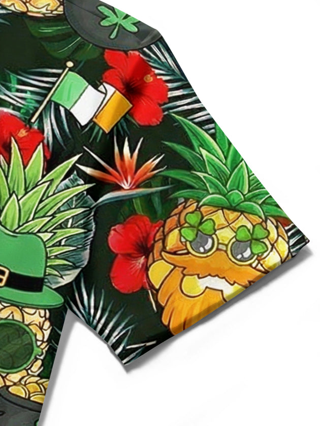St. Patrick's Day Pineapple Skull Print Men's Pocket Short Sleeve Shirts