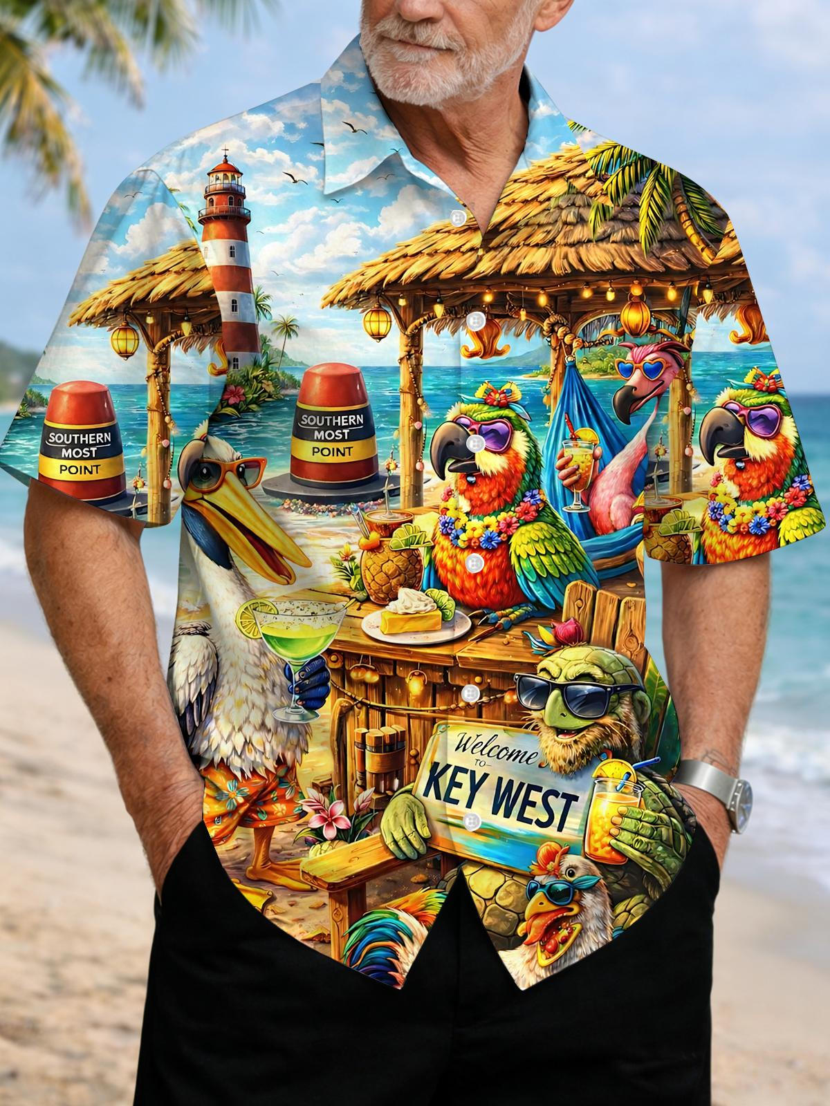 Hawaiian Parrot Print Men's Pocket Short Sleeve Shirts