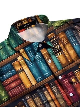 Men's short sleeve shirt with book print pattern, side view