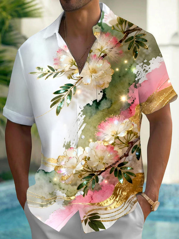 Men's floral short sleeve Hawaiian shirt front view for tropical beach vacation