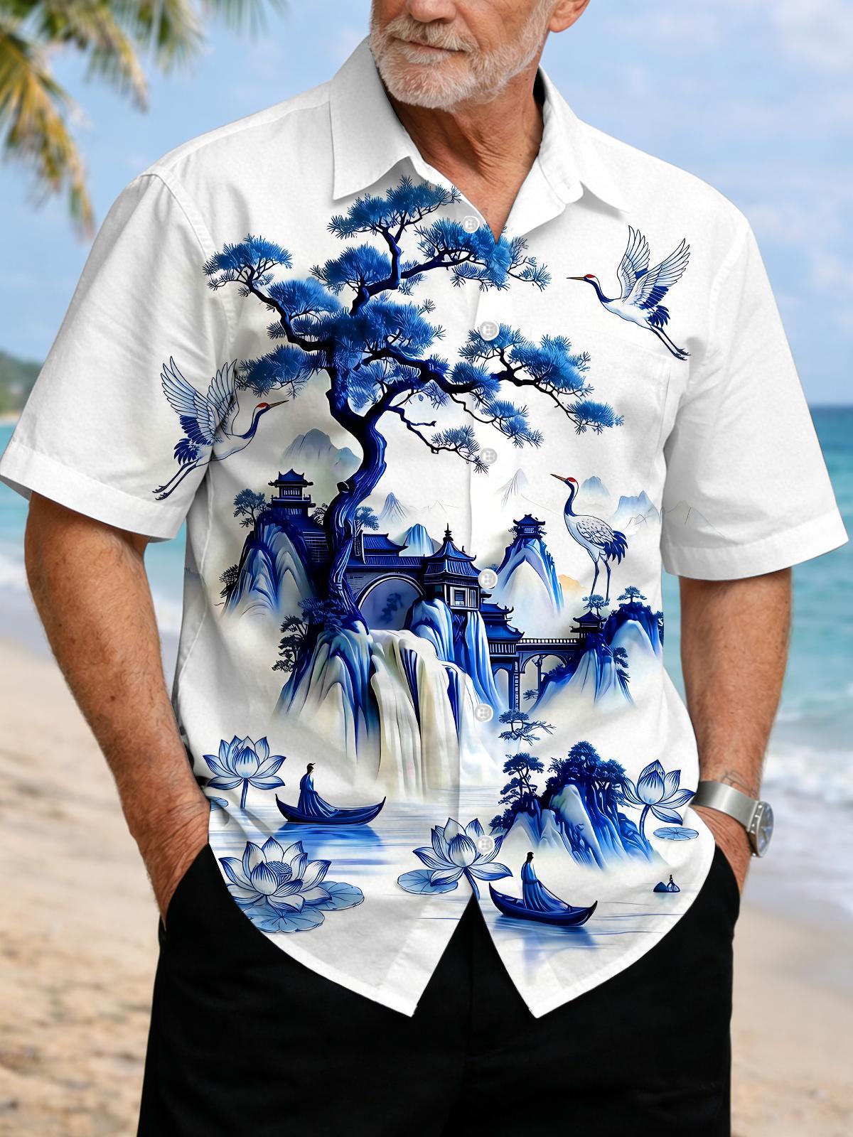 Blue And White Porcelain Landscape Red-crowned Crane Men's Pocket Short Sleeve Shirts