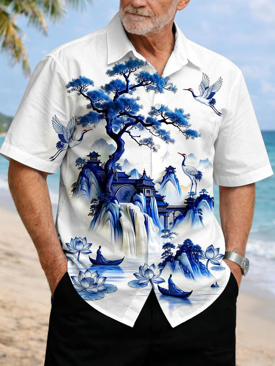 Blue And White Porcelain Landscape Red-crowned Crane Men's Pocket Short Sleeve Shirts