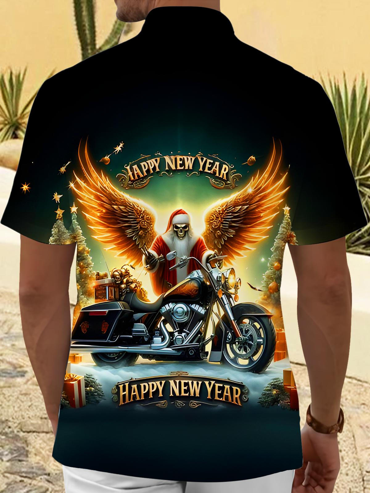 Fun New Year Skull Motorcycle Men's Pocket Short Sleeve Shirts