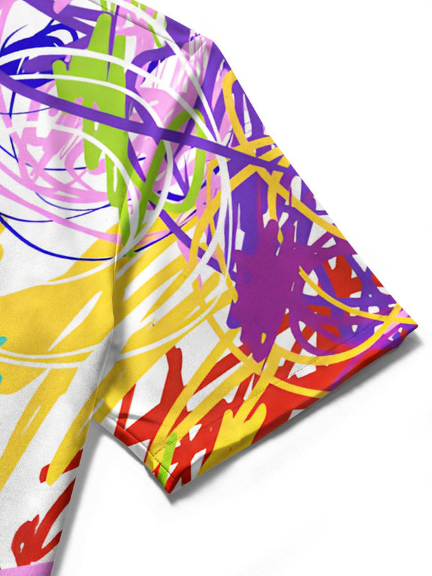 Men's abstract print short sleeve shirt close-up detail view