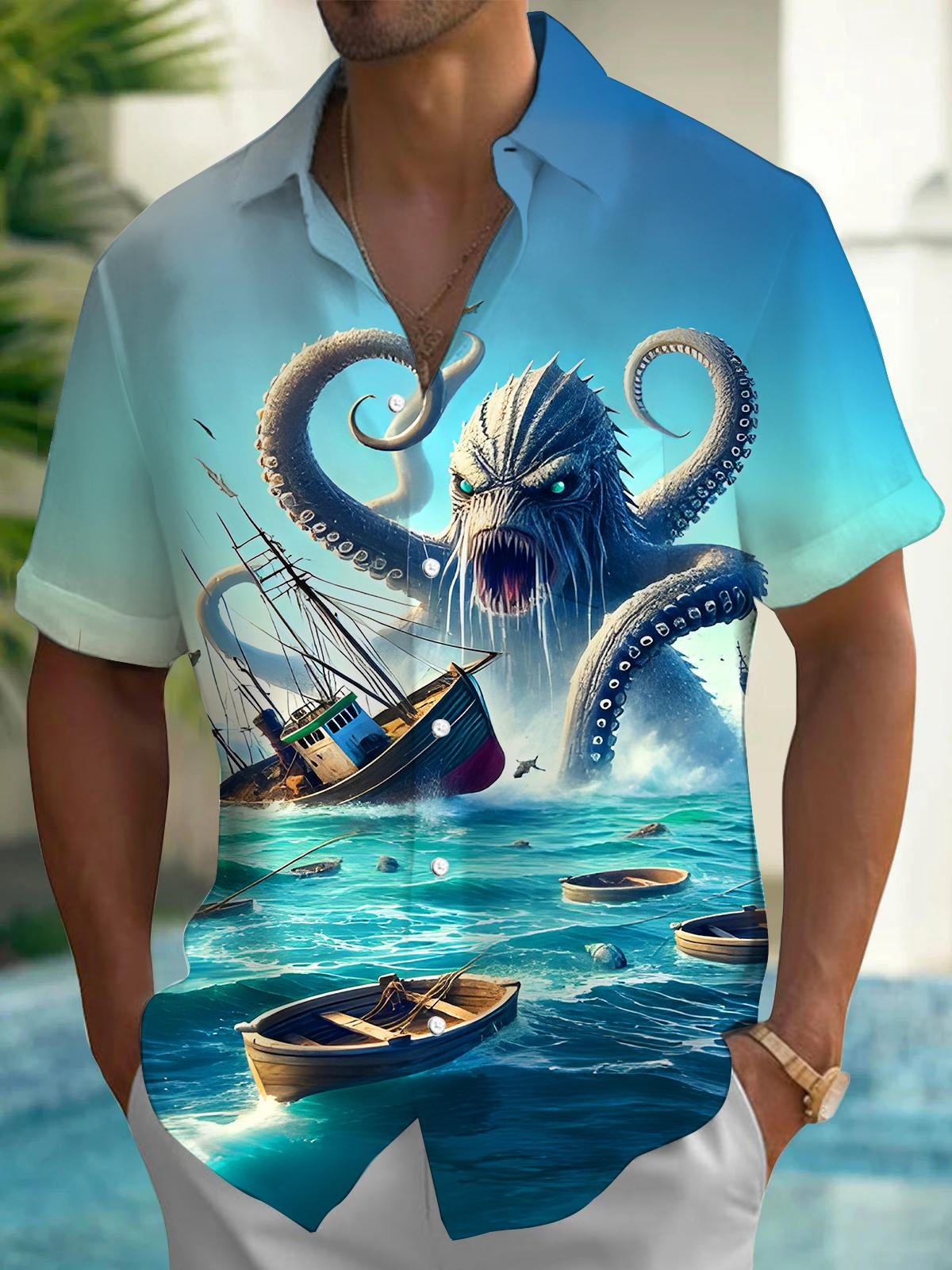 Funny Octopus Ocean Boat Men's Pocket Short Sleeve Shirts