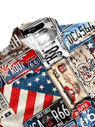 Men's American license plate print half sleeve shirt side view