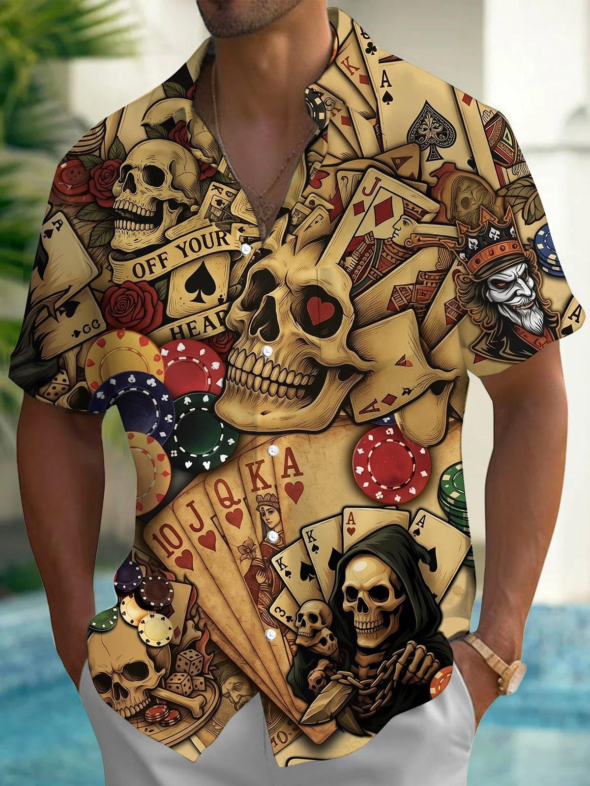 Skull Poker Print Men's Pocket Short Sleeve Shirts
