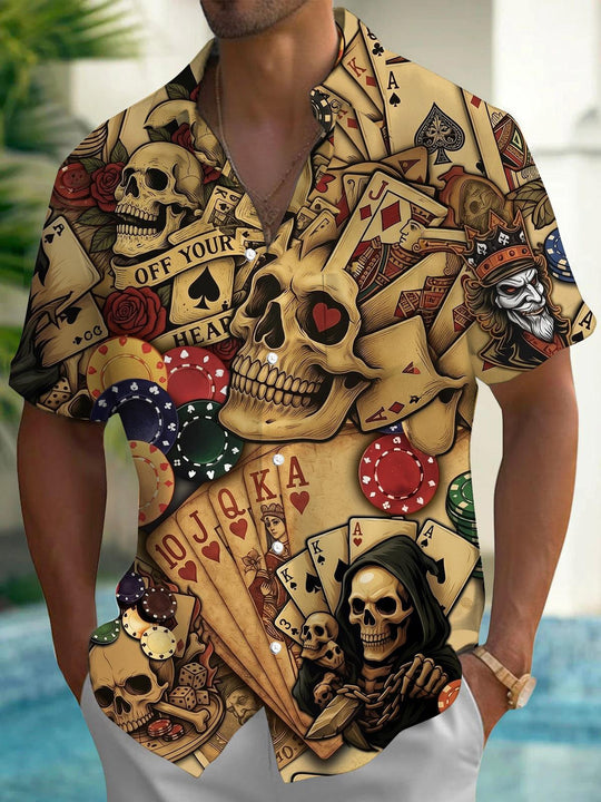 Skull Poker Print Men's Pocket Short Sleeve Shirts