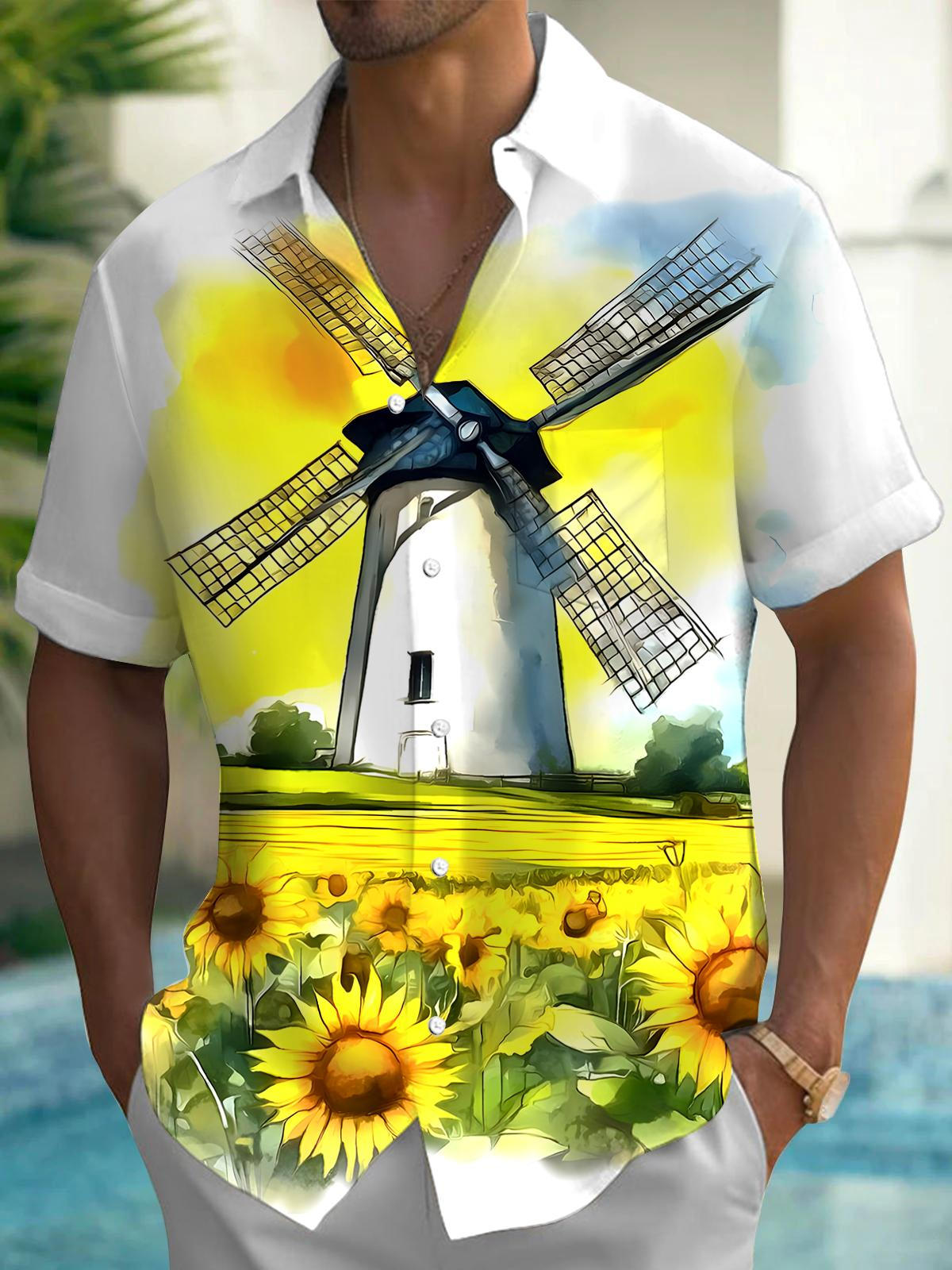 Windmill Sunflower Men's Pocket Short Sleeve Shirts