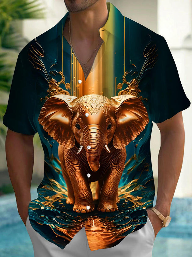 Men's Golden Elephant Print Short Sleeve Shirt Front View