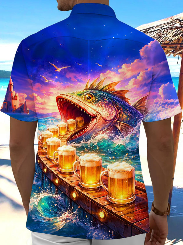 Men's Hawaiian fish print short sleeve shirt back view