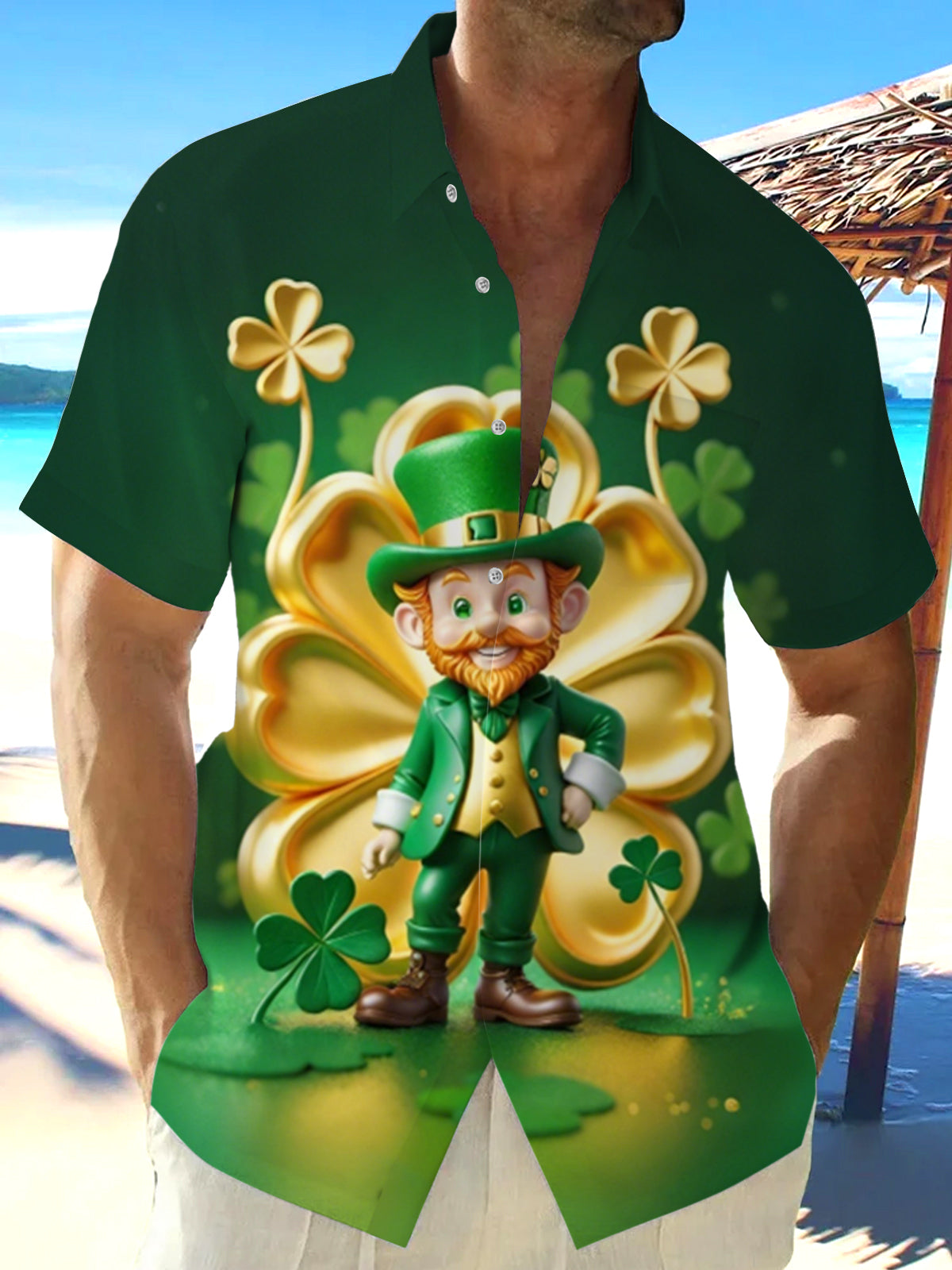 St. Patrick's Day Goblin Four-Leaf Clover Print Men's Pocket Short Sleeve Shirts