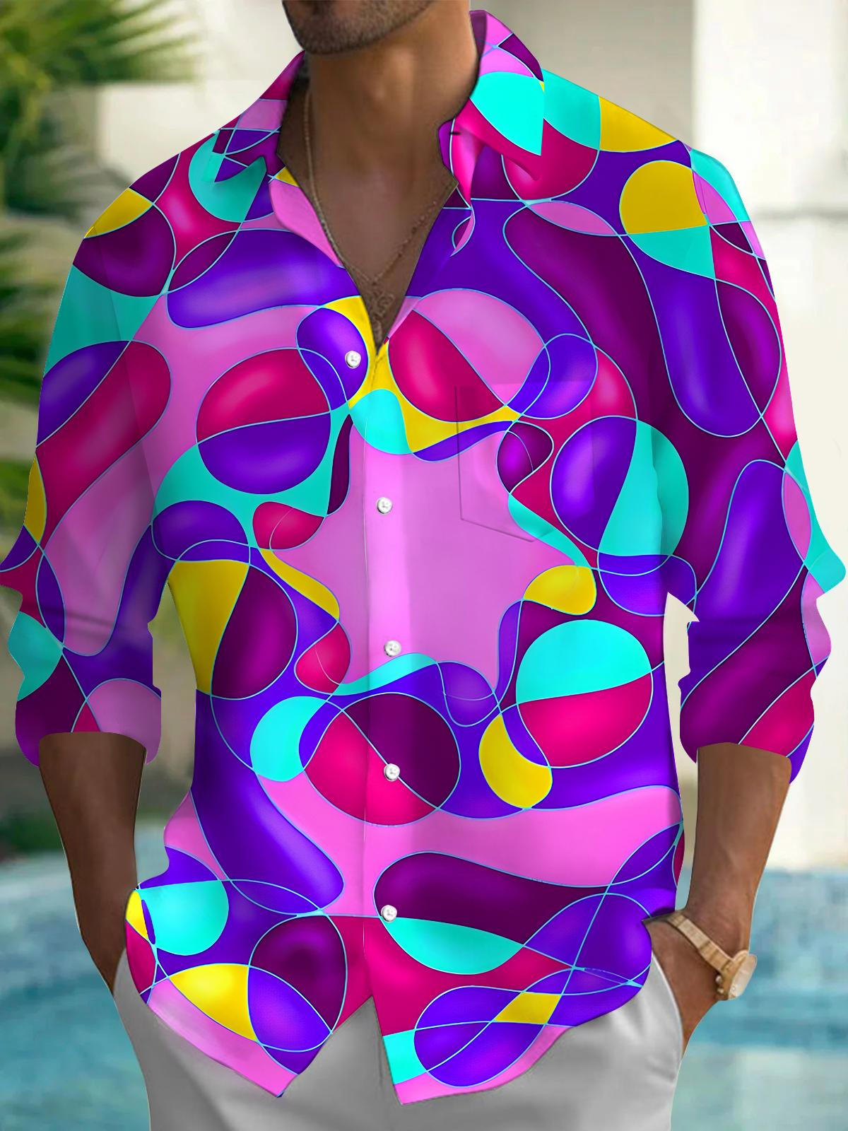 Psychedelic Colorful Abstract Geometry Men's Pocket Long Sleeve Shirts