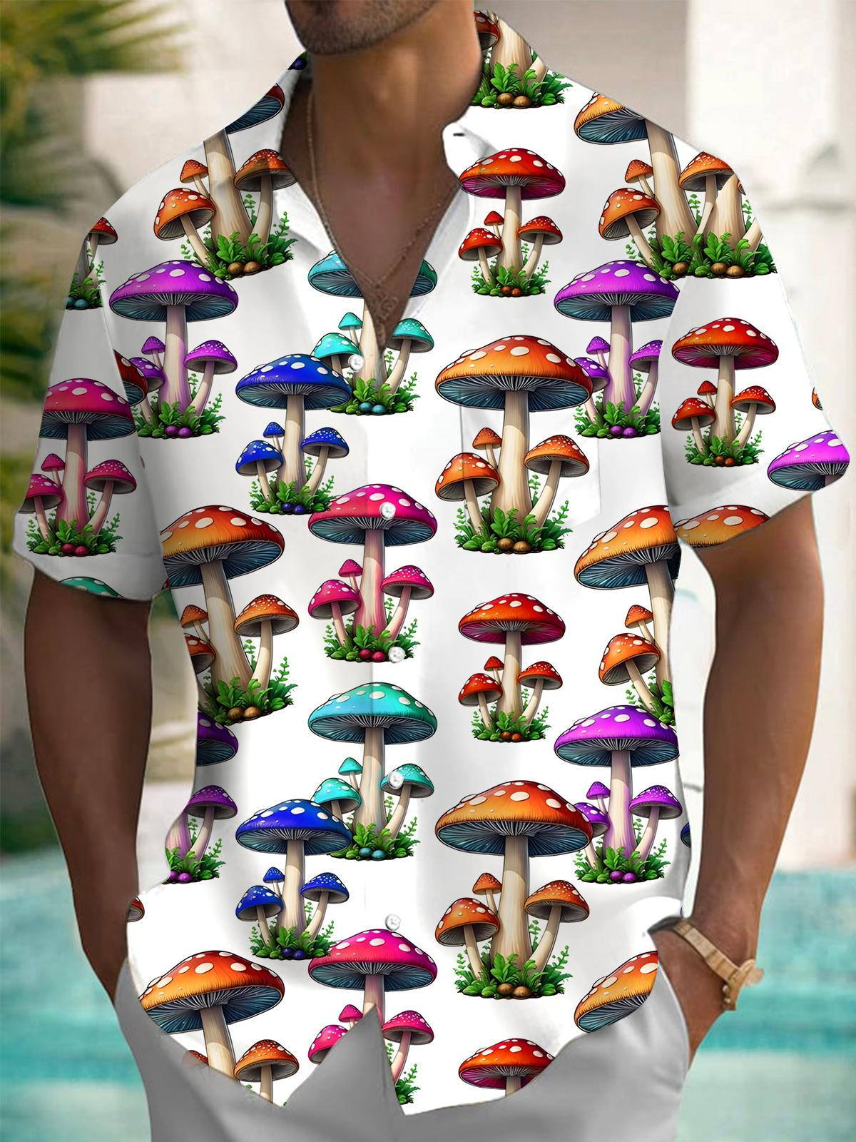 Mushroom Print Men's Pocket Short Sleeve Shirts