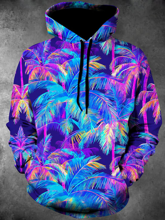 Men's Hawaiian coconut tree long sleeve pullover hoodie front view for tropical beach vacation