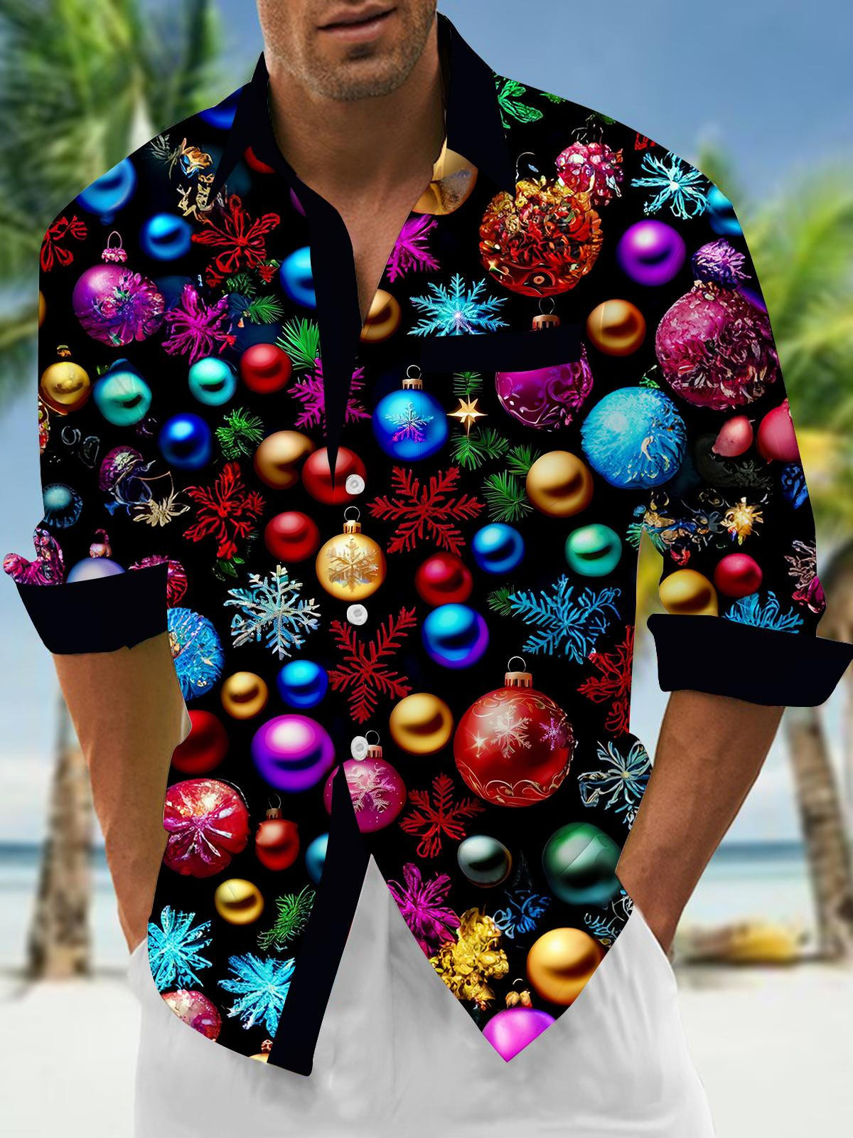 Christmas Snowflake Lantern Men's Pocket Long Sleeve Shirts