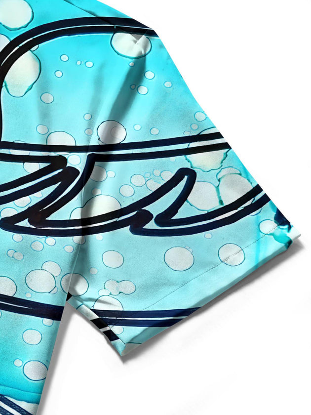 Men's abstract print short sleeve shirt close-up detail