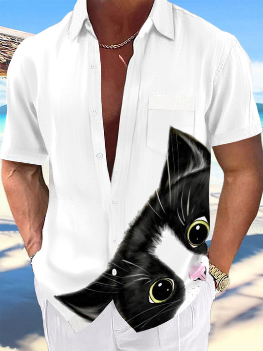 Men's cat print pocket short sleeve shirt front view