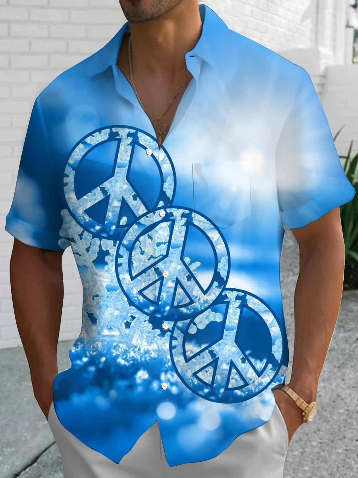 Snowflake Peace Logo Print Men's Pocket Short Sleeve Shirts