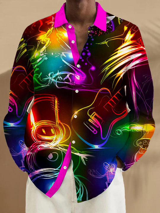 Men's Guitar Snowman printed long sleeve shirt front view for Christmas holiday party