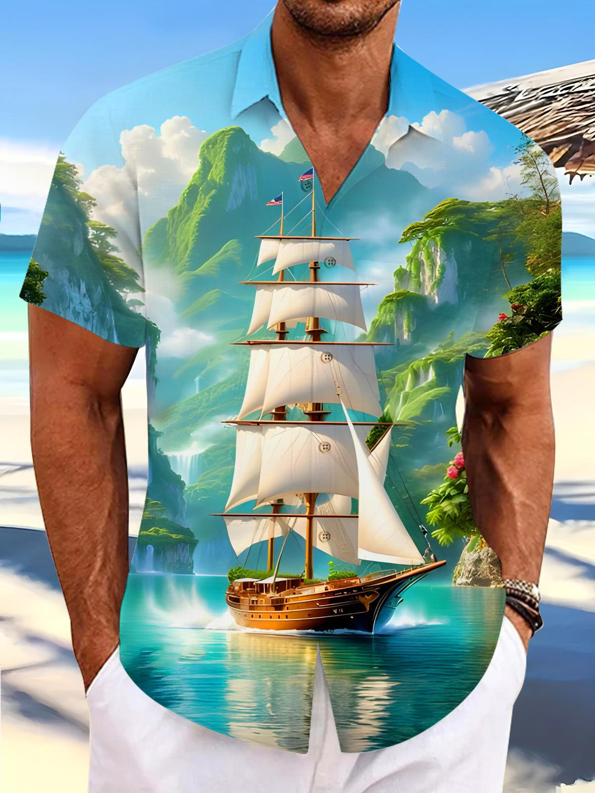 Boat Landscape Men's Pocket Short Sleeve Shirts
