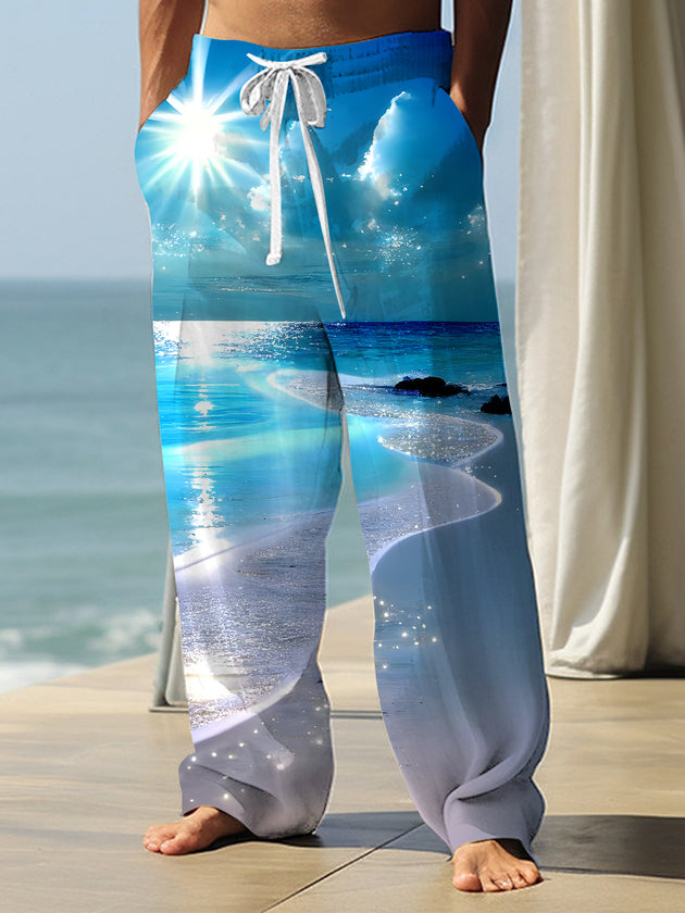 Men's Beach Scenery Print Casual Elastic Waist Pants front view for coastal vacation