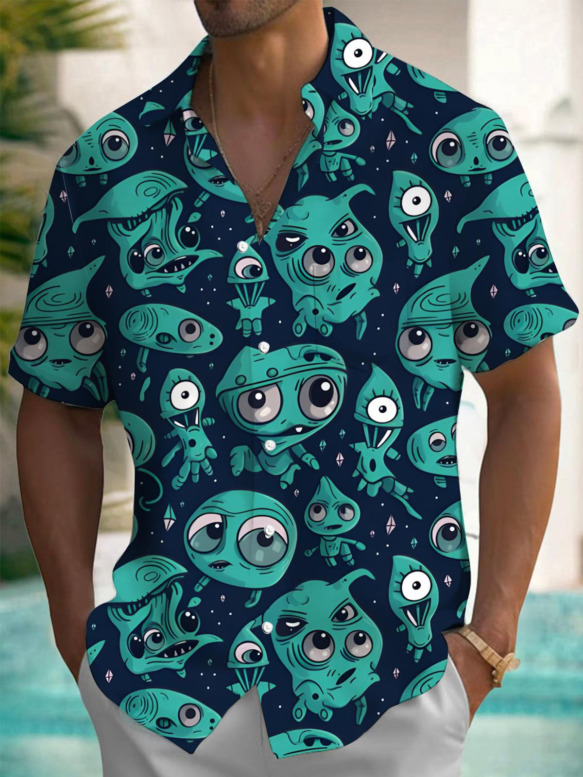 Alien Print Men's Pocket Short Sleeve Shirts