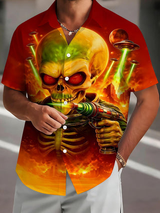 Men's alien skeleton invasion pocket short sleeve shirt front view