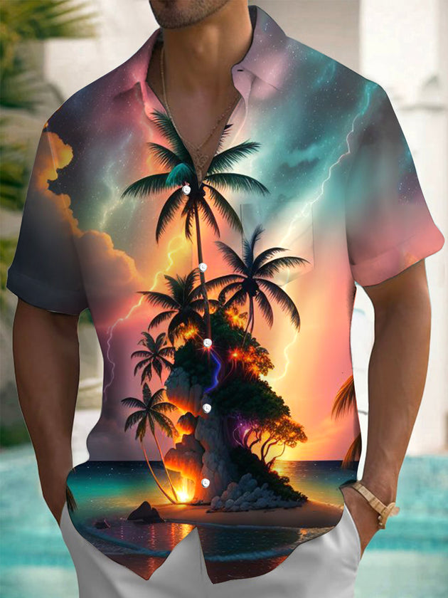 Men's Hawaiian coconut tree print pocket short sleeve shirt front view tropical beach vacation