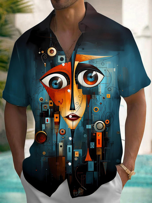 Men's black art print pocket short sleeve shirt front view