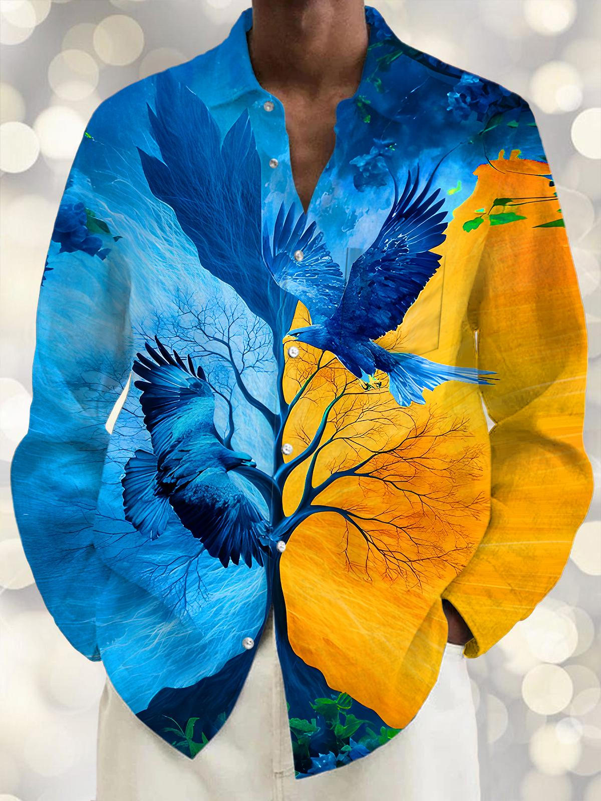 Art Blue Eagle Color-Blocked Tree Men's Pocket Long Sleeve Shirts