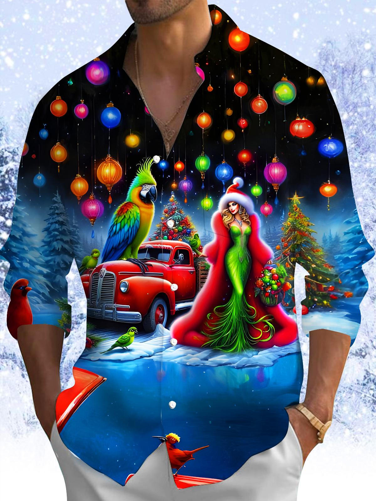 Fun Christmas Tree Parrot Beauty Car Light Ball Xmas Men's Pocket Long Sleeve Shirts