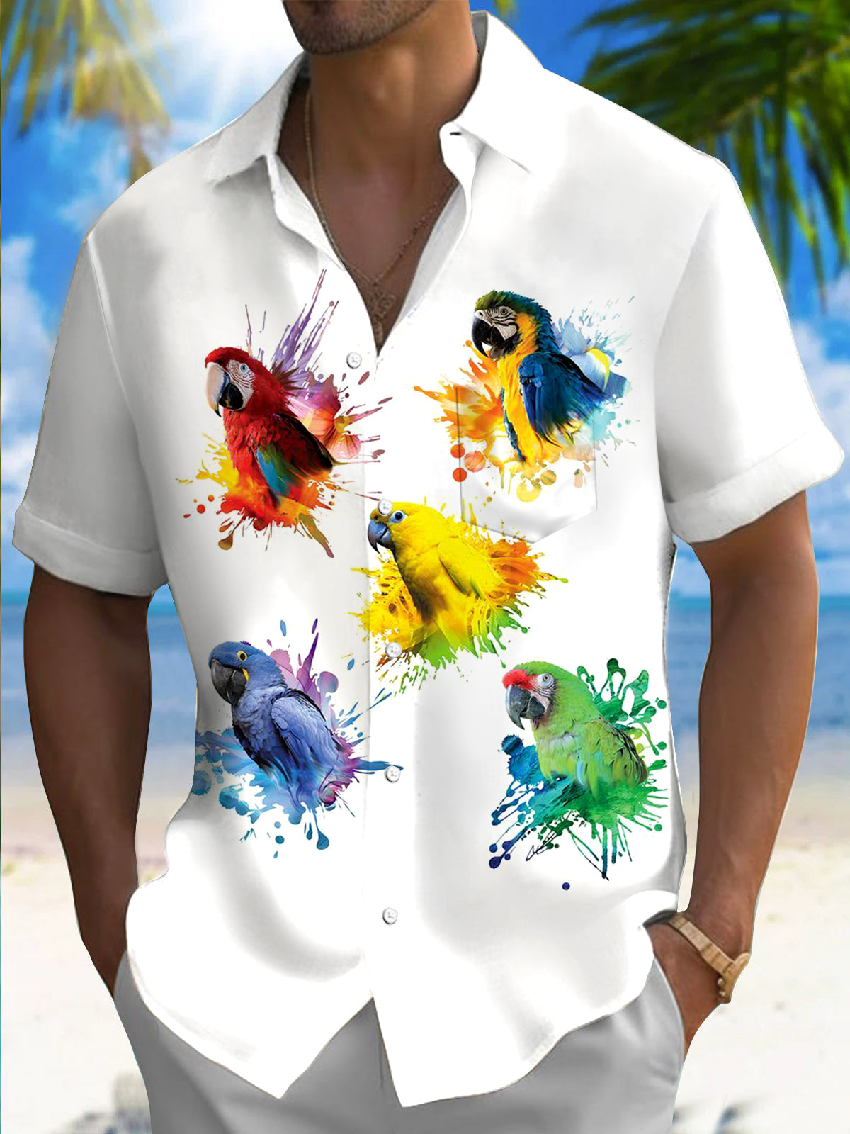 Hawaiian Parrot Print Men's Pocket Short Sleeve Shirts