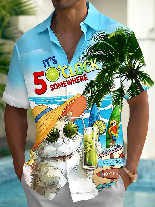 Hawaiian Coconut Tree Cat Men's Pocket Short Sleeve Shirts