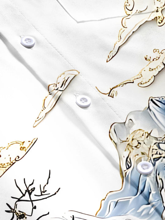 Art Landscape Blue And White Porcelain Mountains Flowers And Birds Men's Pocket Short Sleeve Shirts
