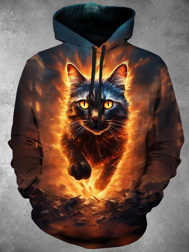 men's cat graphic long sleeve pullover hoodie front view