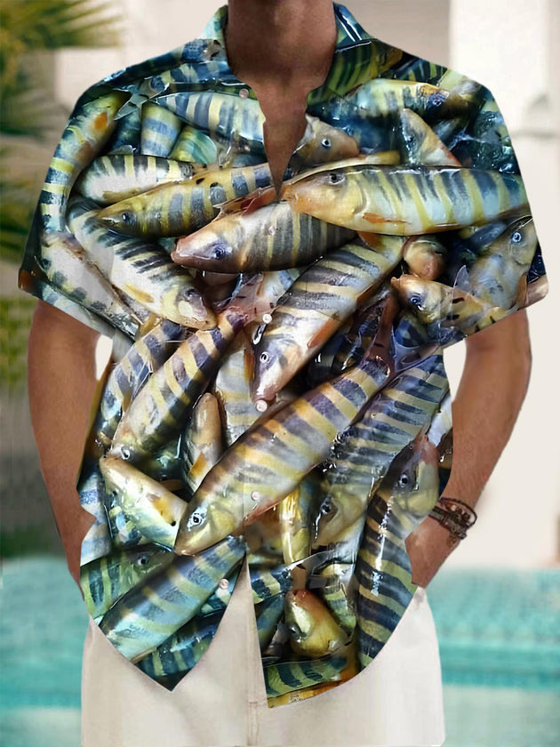 Men's blue fish print short sleeve shirt front view