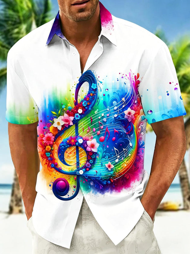 Colorful Tie Dye Music Note With Flowers Men's Pocket Short Sleeve Shirts