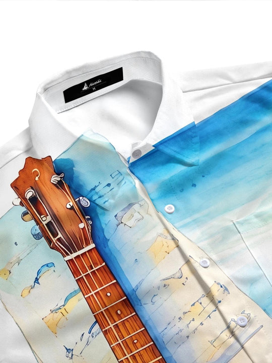 Watercolor Guitar Sheet Music Vacation Men's Pocket Short Sleeve Shirts