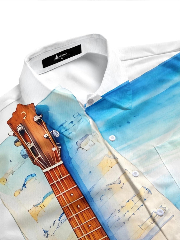 Watercolor Guitar Sheet Music Vacation Men's Pocket Short Sleeve Shirts