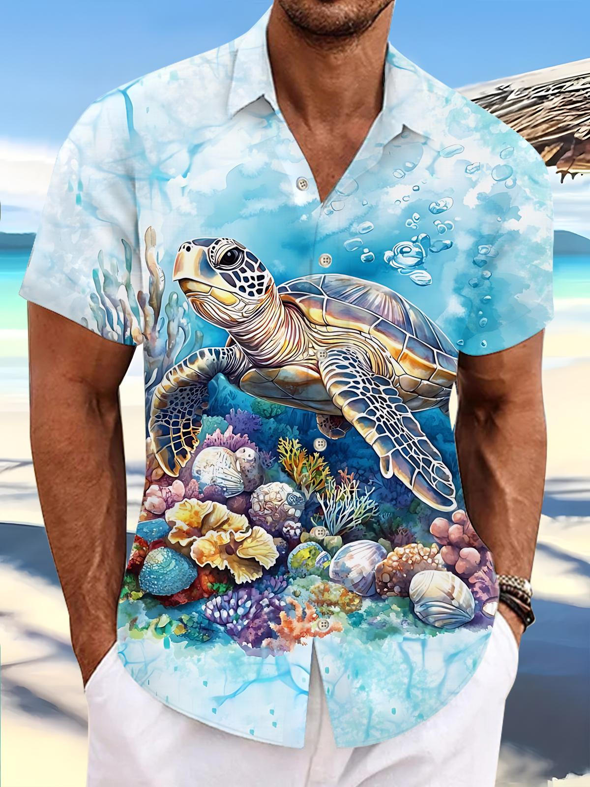 Ocean Turtle Print Men's Pocket Short Sleeve Shirts