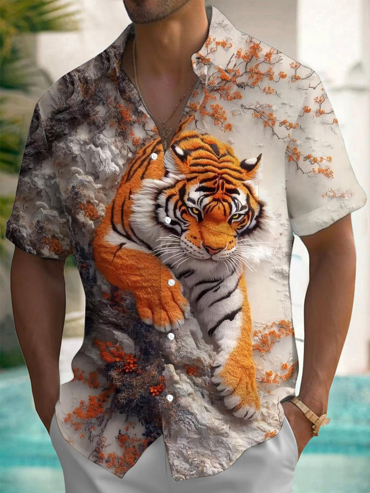 Tiger Plant Print Men's Pocket Short Sleeve Shirts