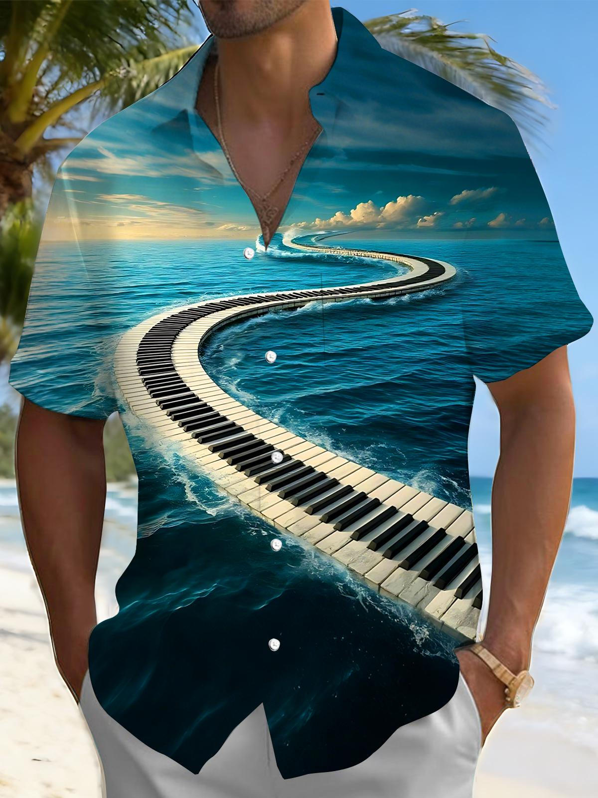 Ocean Piano Print Men's Pocket Short Sleeve Shirts