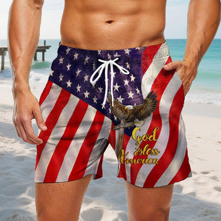 Men wearing American flag print casual shorts at outdoor barbecue for Independence Day lifestyle scene