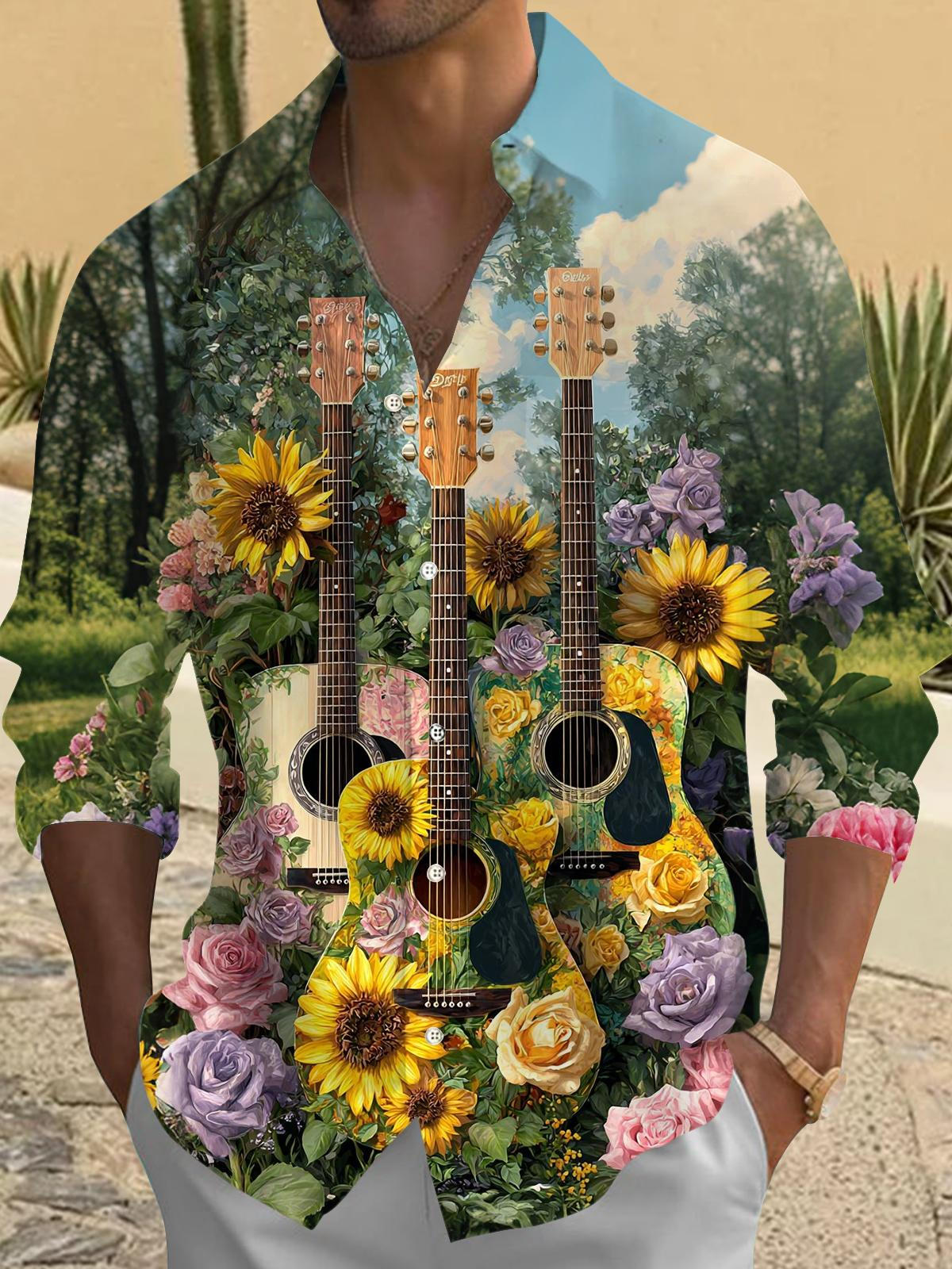 Guitar Flower Print Men's Pocket Long Sleeve Shirts