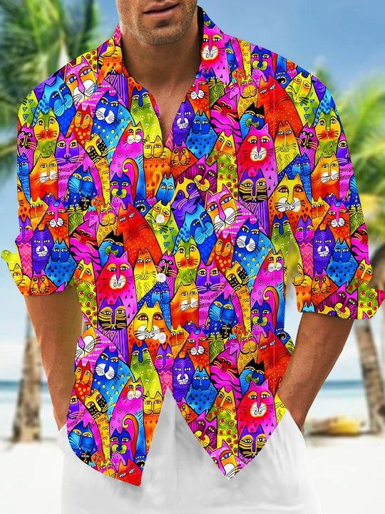 Men's Colorful Cat Carnival Pocket Long Sleeve Shirt Front View
